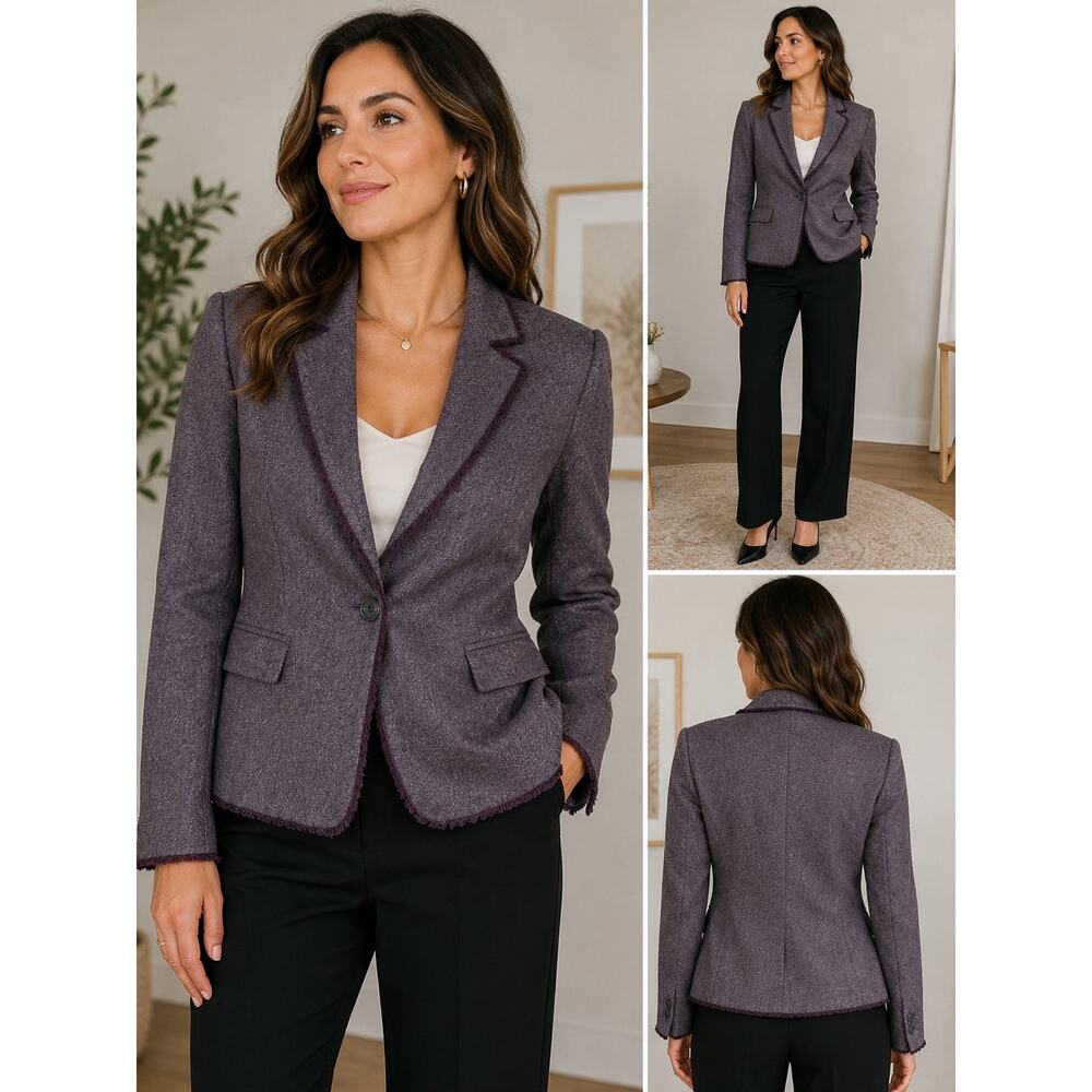 Classiques Entier Wool Blend Fringe Trim Blazer Sz 8 Plum Heather Career Jacket